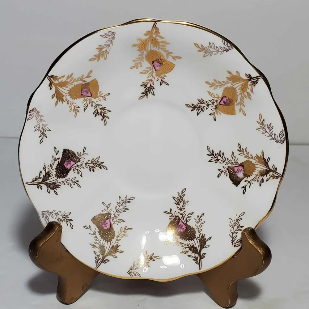 Queen Anne Teacup and Saucer Purple Gold Thistle Vintage